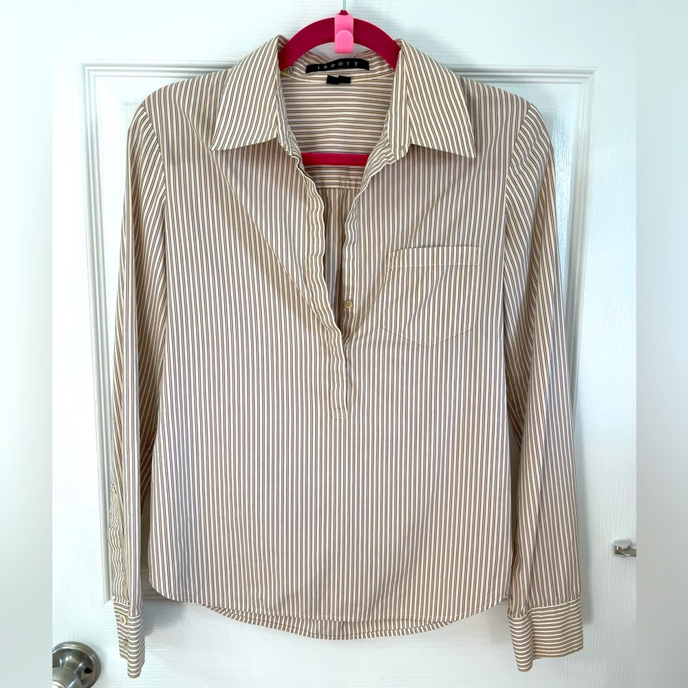 Theory Ivory Tan Black Striped Half Button Down Pullover Blouse Size Small